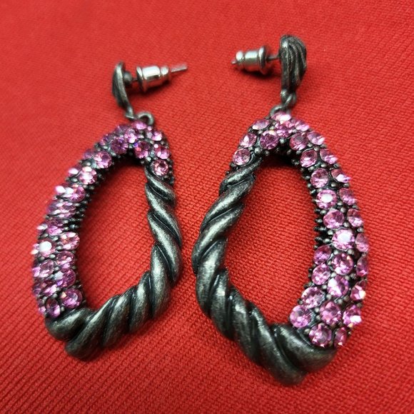 Drop Dangle Earring Pewter Silver with Pink Rhinestones - Picture 4 of 12